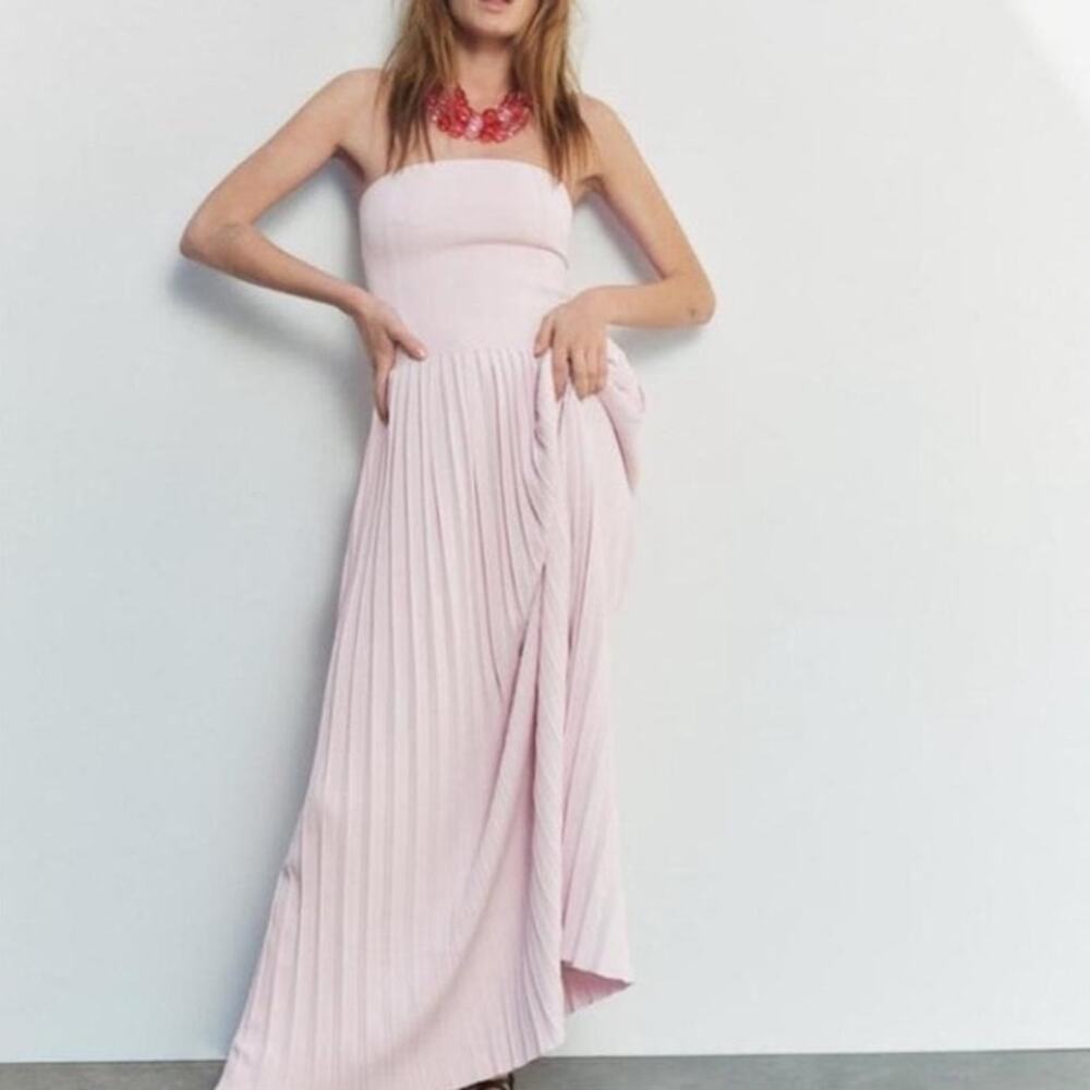 Zara Pastel Pink Strapless Pleated Knit Dress Size Small